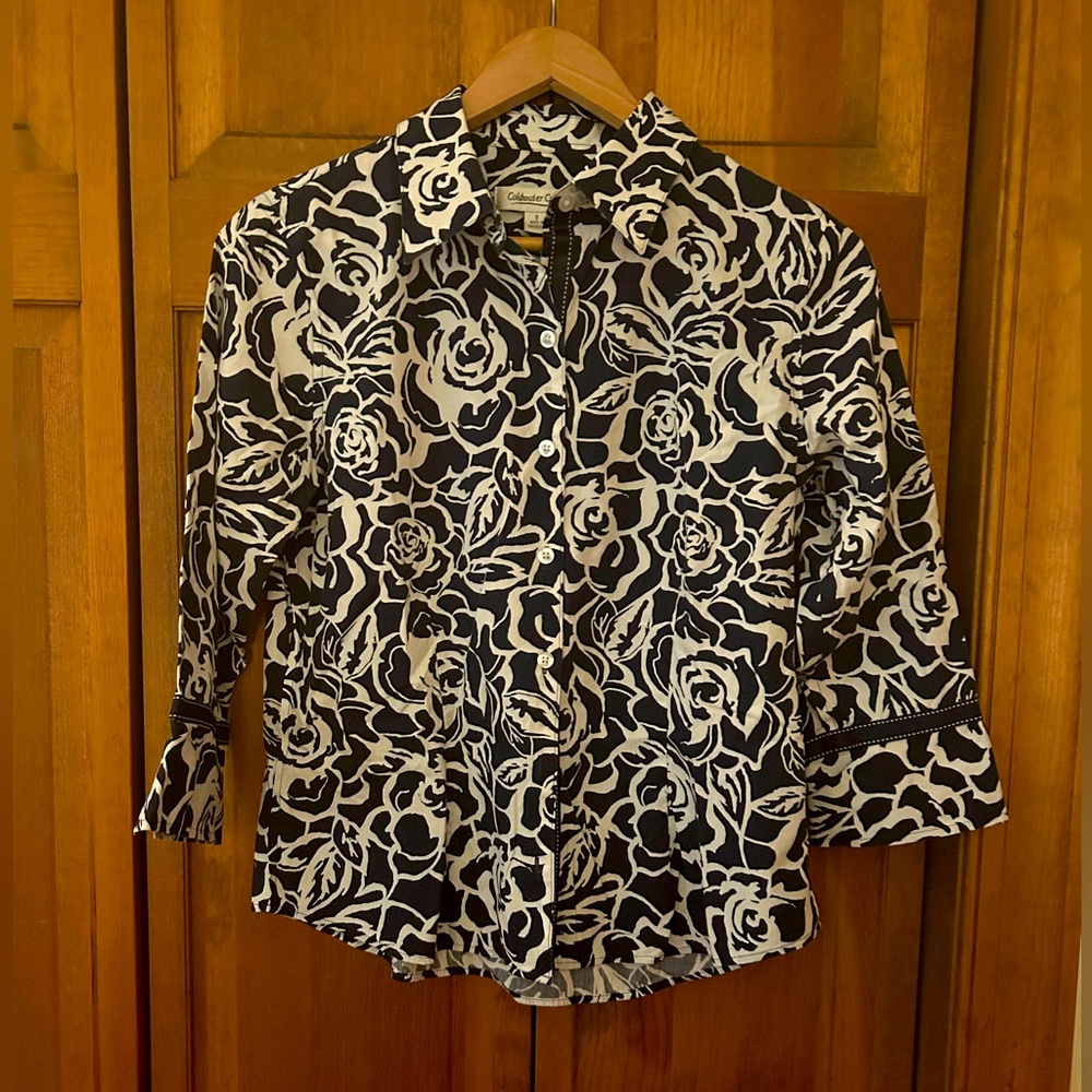 Coldwater Creek Women’s Preppy/Western Sz S Blue & White Blouse W/ 3/4 Sleeves